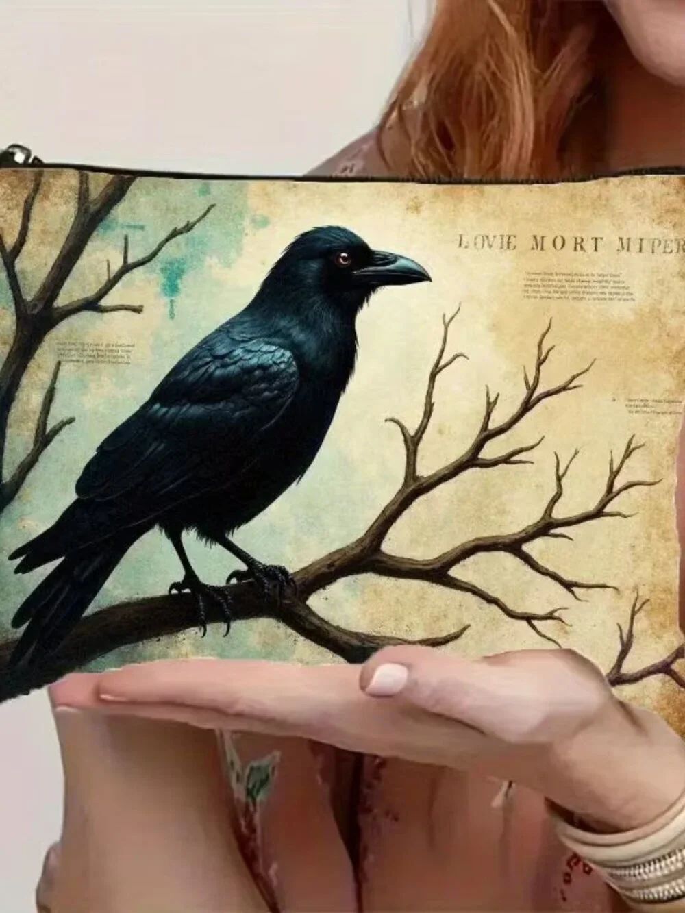 Halloween Gothic Black Raven on a Branch Makeup Bag Double-Sided 6.3"h x 8.7"w